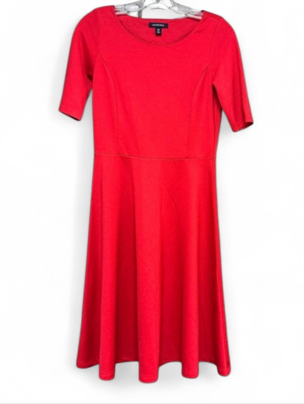 Lands' End Red Fit & Flare Dress XS 3/4 Sleeve Knee Length